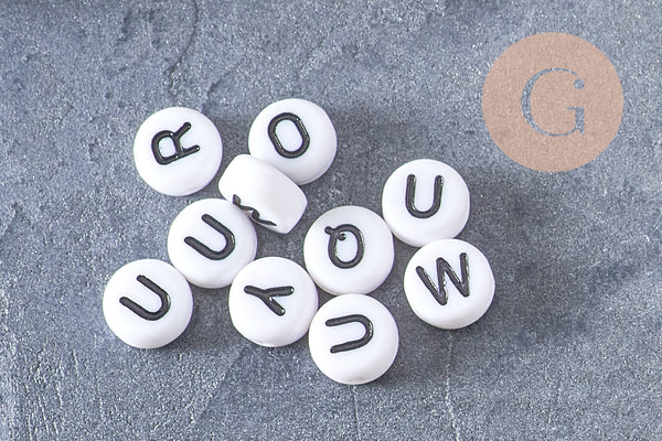Perle ronde Lettres plastique doré noir blanc argent, x 10 grammes (G1689)