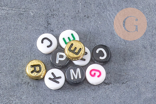 Perle ronde Lettres plastique doré noir blanc argent, x 10 grammes (G1689)