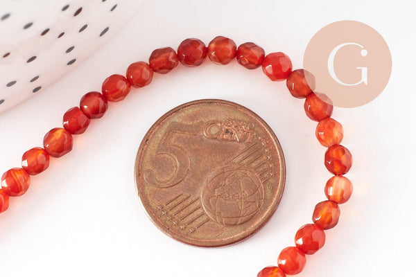 Perle ronde agate naturelle orange brique facettée 4mm, x1 fil de 90 perles(G2429)