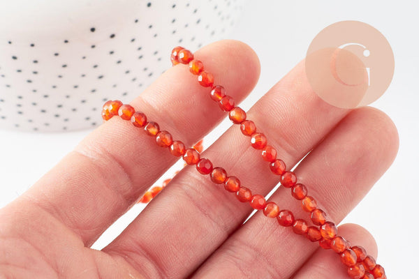 Perle ronde agate naturelle orange brique facettée 4mm, x1 fil de 90 perles(G2429)