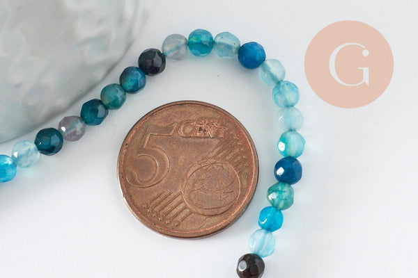 Perle ronde agate naturelle teintée bleu océan facettée 4mm, x1 fil de 37cm (G1527)