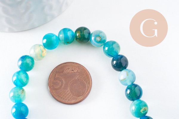 Perle ronde agate rayée bleu turquoise 8mm, x1 fil de 38cm (G3879)