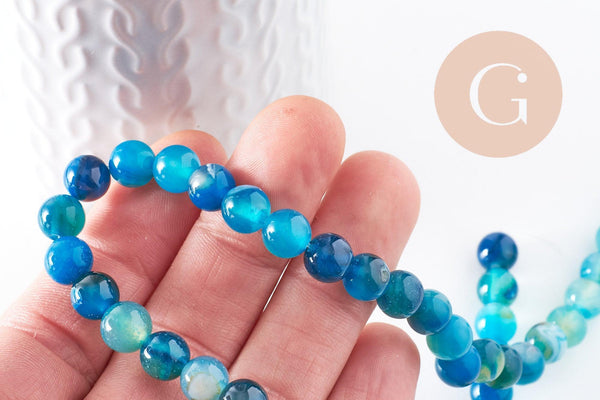 Perle ronde agate rayée bleu turquoise 8mm, x1 fil de 38cm (G3879)