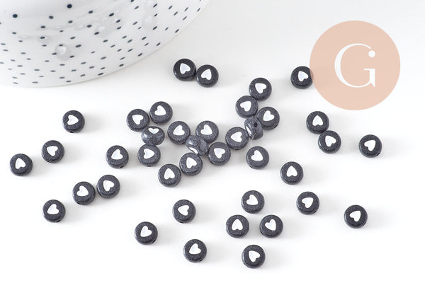 Perle ronde coeur blanc plastique noir,perle plastique,perle ronde lettre,x 10 grammes, (G2189)