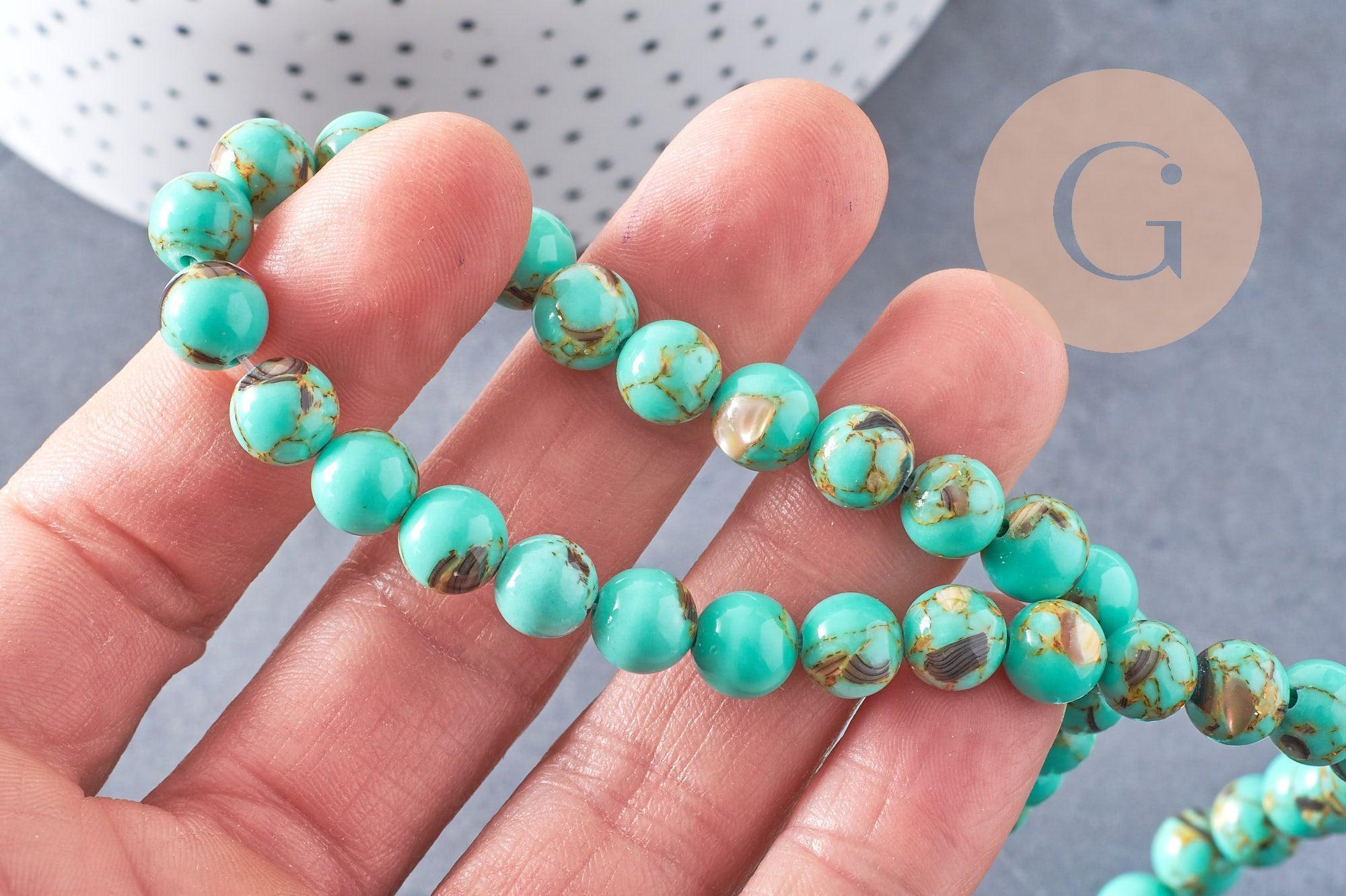 Perle ronde coquillage et turquoise bleu 8mm, x1 fil de 40cm (G5387)