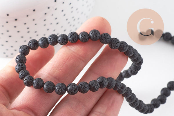 Perle ronde en lave noire naturelle 6mm, x1 fil de 39cm (G1571)