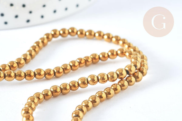 Perle ronde hématite de synthèse dorée 4mm, perle pierre, le fil de 39cm, x1 (G7404)