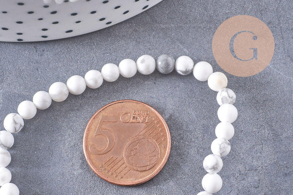 Perle ronde howlite blanche, pierre naturelle,howlite naturelle,perle pierre,4mm,fil de 19cm, x1 (G2448)