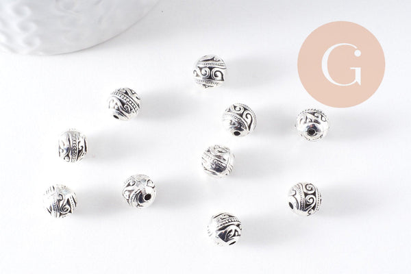 Perle ronde intercalaire zamac argent gravé 8mm, x10 (G10304)