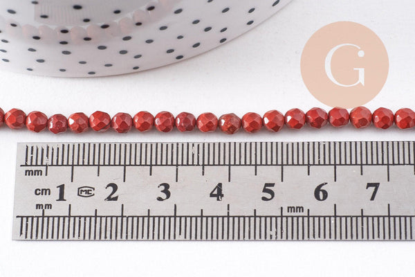 Perle ronde jaspe rouge naturel AB+ facettes 4mm, x1 fil de 37cm (G1173)
