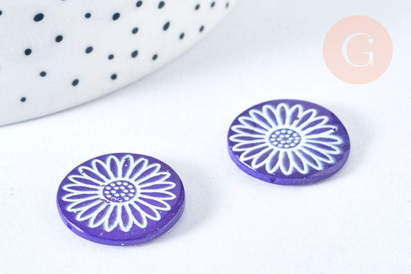 Perle ronde motif fleur marguerite bleue nacre 19.5mm, création bijou nacre, x1 (G6981)