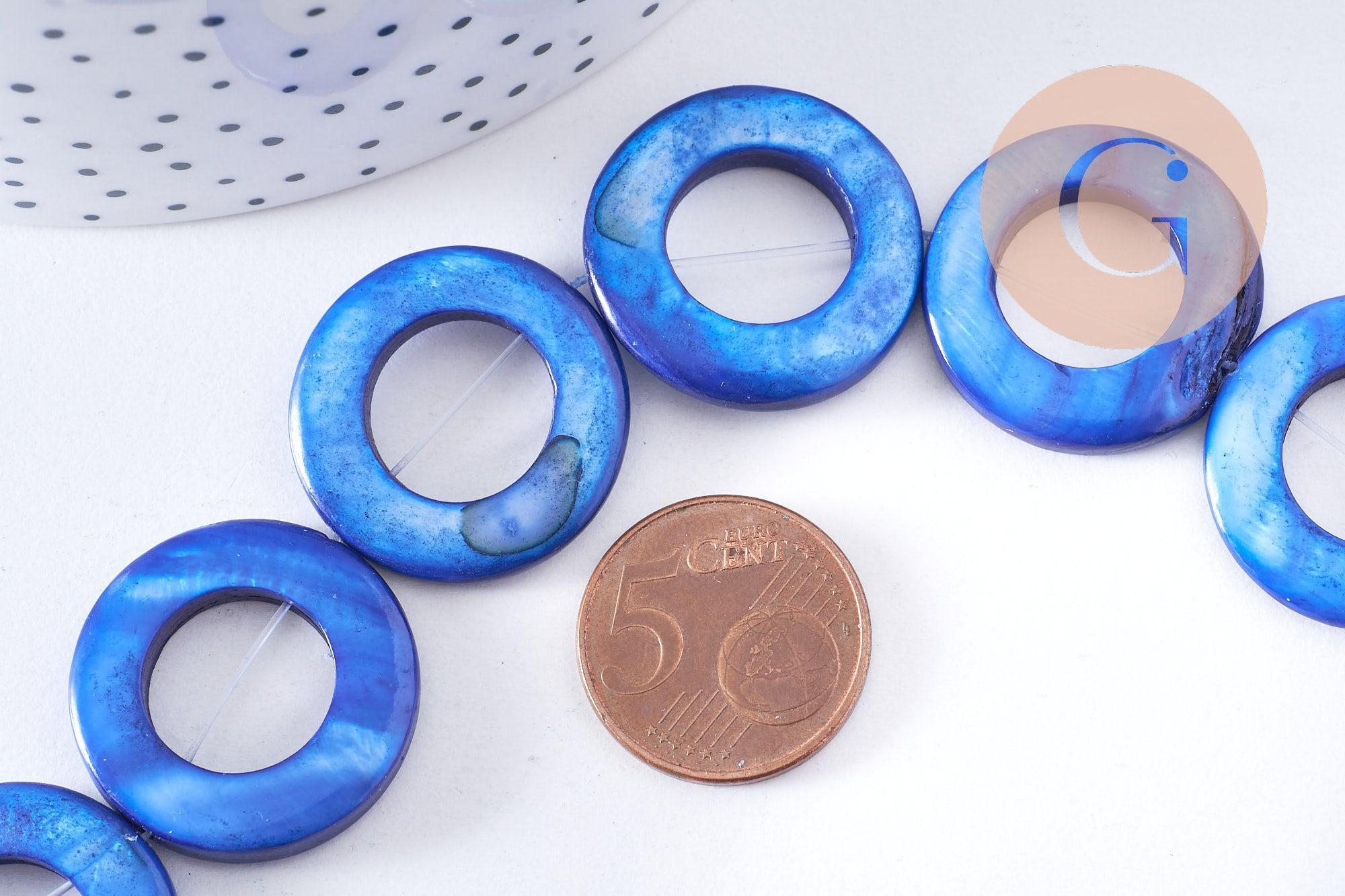 Perle ronde nacre bleue naturelle 24mm, perle disque coquillage bleu, coquillage bleu, fil de 36 cm x1 (G5846)