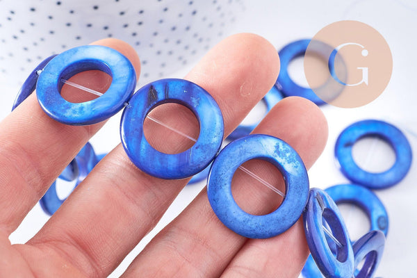 Perle ronde nacre bleue naturelle 24mm, perle disque coquillage bleu, coquillage bleu, fil de 36 cm x1 (G5846)