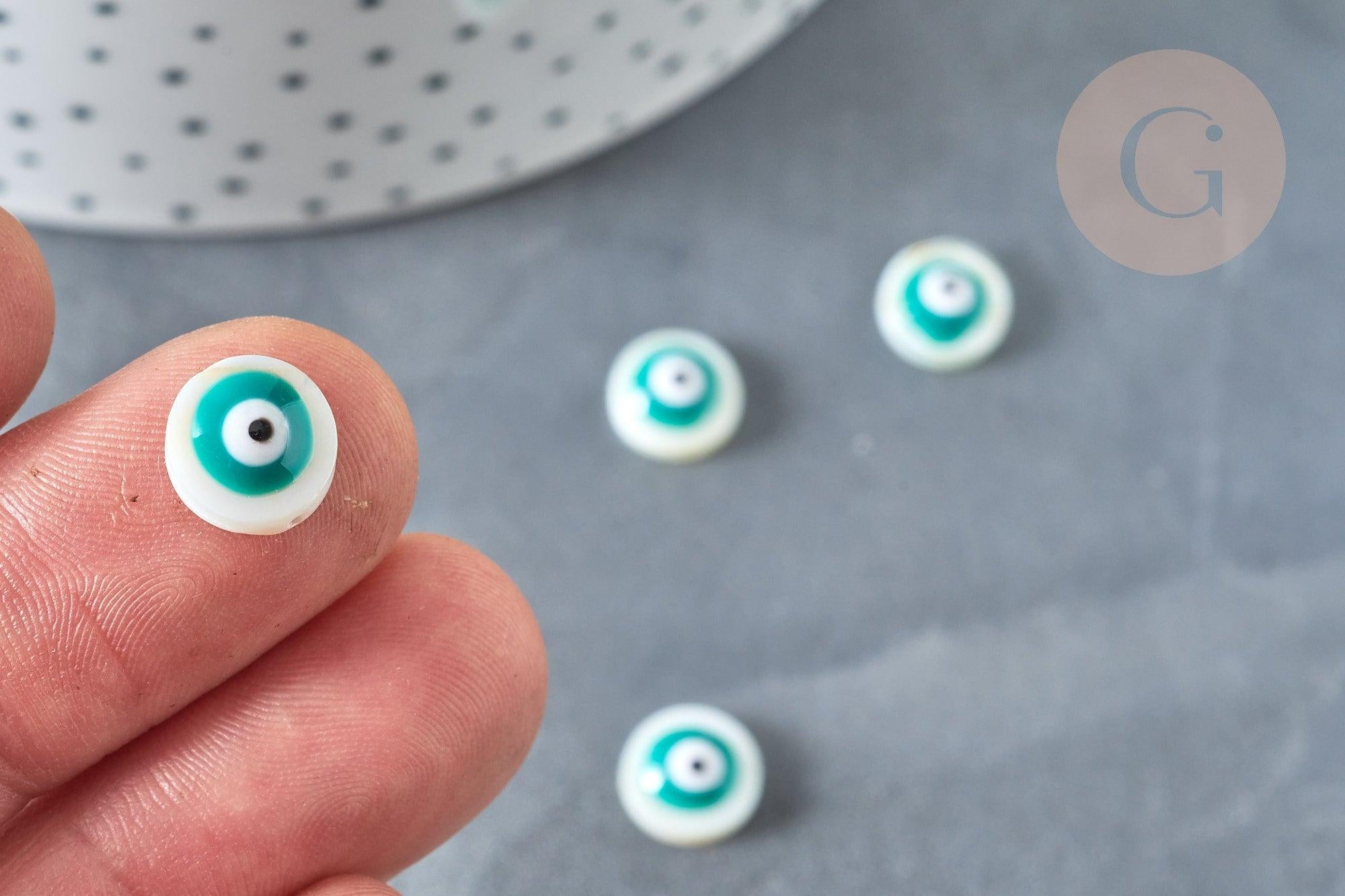 Perle ronde nacre naturelle blanche turquoise mauvais oeil 8.5-9mm, x10 (G1961)