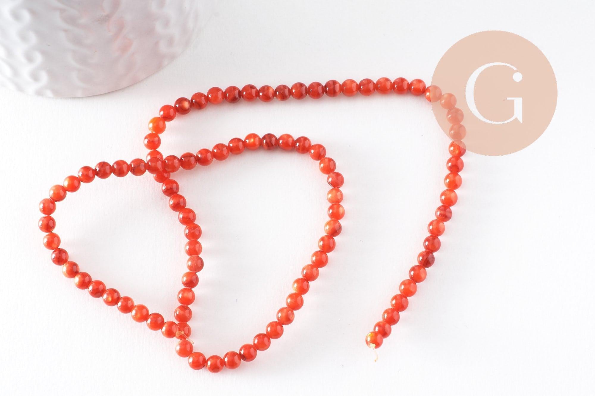 Perle ronde nacre naturelle teintée rouge 4mm, perles coquillage, x1 fil de 37.5cm (G9974)