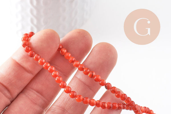 Perle ronde nacre naturelle teintée rouge 4mm, perles coquillage, x1 fil de 37.5cm (G9974)