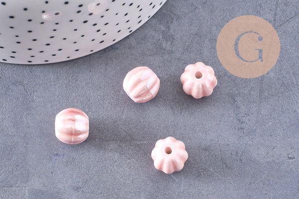 Perle ronde striée porcelaine rose irisée 13mm, x10 (G10217)