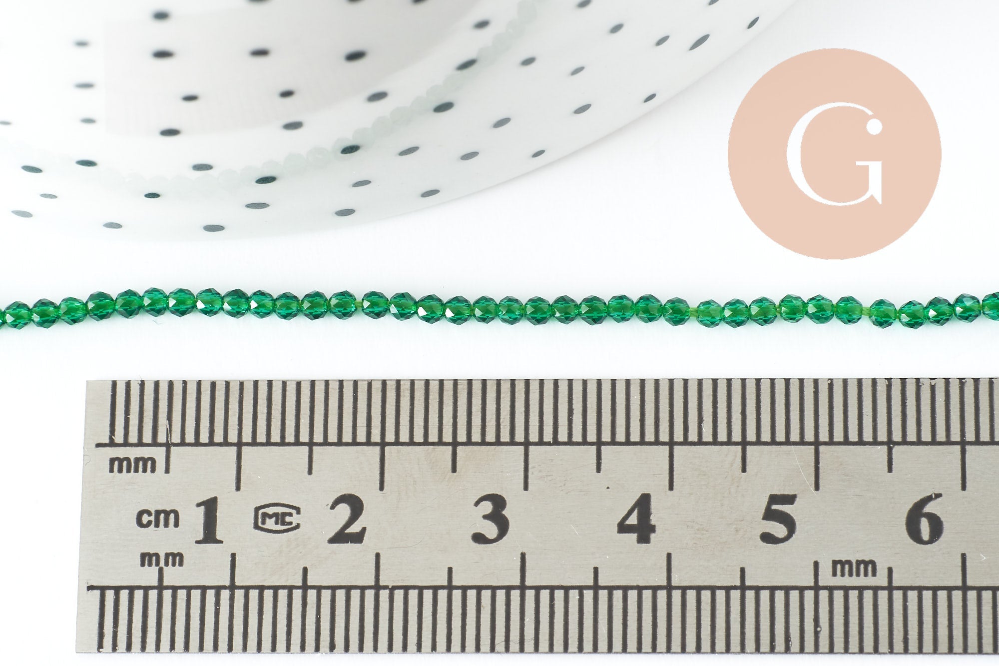 Perle ronde verre facettée transparente vert foncé 2mm, fourniture création de bijoux DIY, fil de 37cm, x1 (G7393)