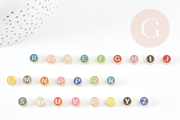 Perle ronde zamac doré initiale émail multicolore 8mm, x1 (G4296)