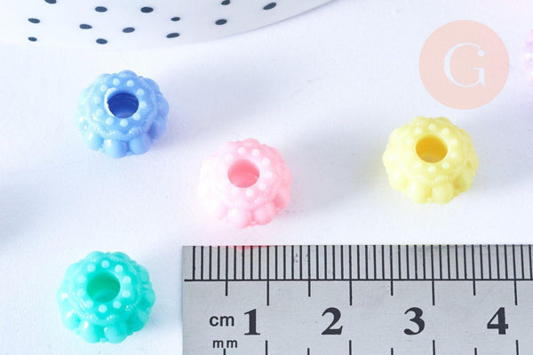 Perle rondelle fleur plastique opaque multicolore 12mm , perle plastique coloré, couleurs mélangées,x 50 perles G6398