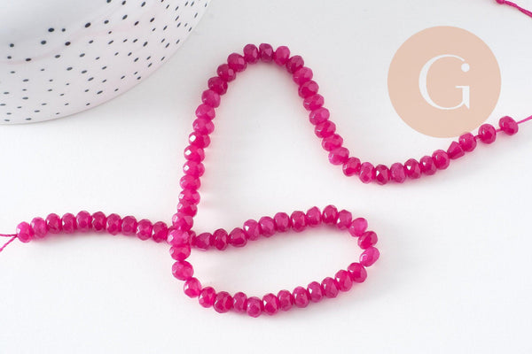 Perle rondelle jade naturel rose fuchsia facettes 6x4mm, x1 fil de 32cm (G4706)