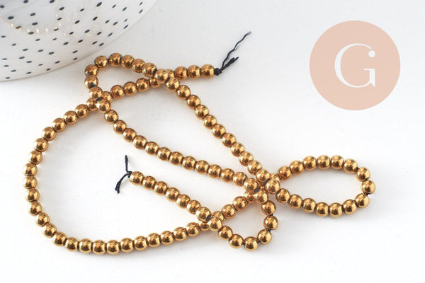 Perle rondes hématite dorée, perle pierre ,4mm,fil de 100 perles (G3655)