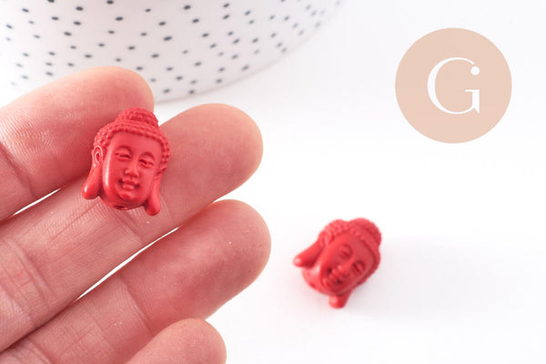 Perle tête de Bouddha résine rouge, perle inde bouddhisme spiritualité,perle voyage inde,18mm, x2 (G4167)