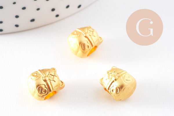 Perle tête de chat porte-bonheur zamac doré mat 12.5mm, x5 (G10251)