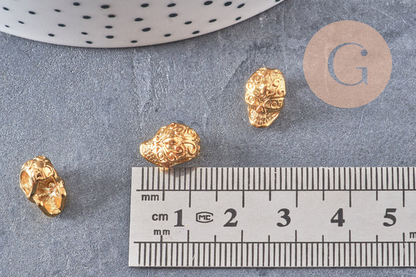 Perle tête de mort laiton doré 24K 12mm x1 (G6262)