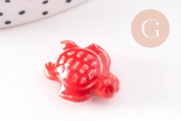 Perle tortue porcelaine rouge 12mm, perle céramique, fabrication bijoux animal, x5 G3906