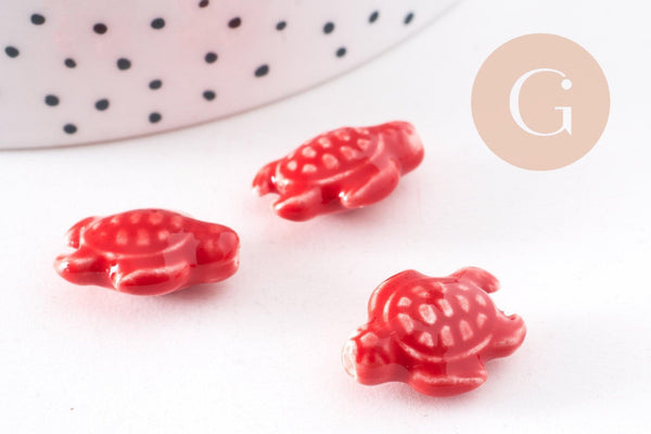 Perle tortue porcelaine rouge 12mm, perle céramique, fabrication bijoux animal, x5 G3906