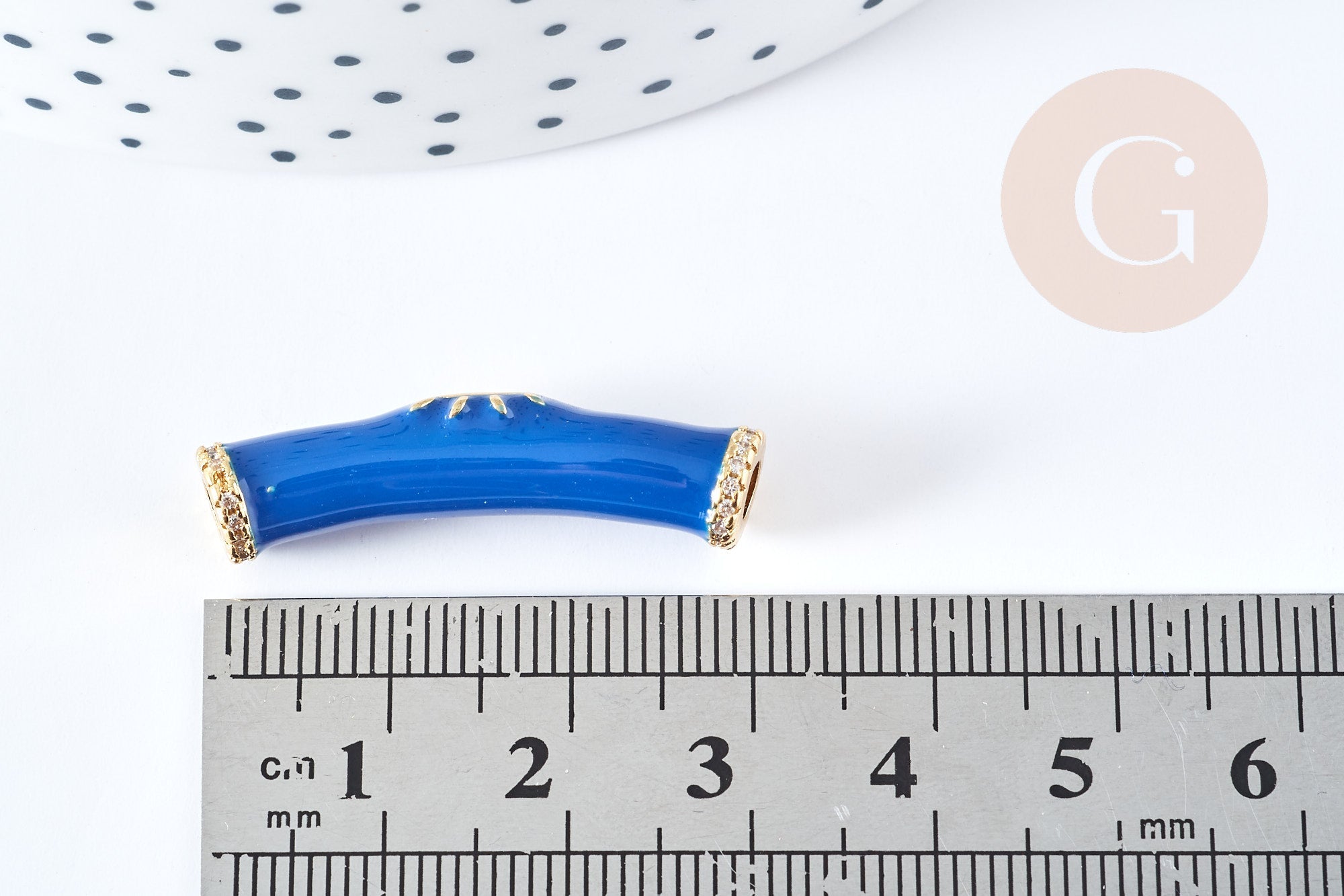 Perle tube doré talisman oeil protecteur laiton doré 18K émail bleu 32mm, x1 (G8678)