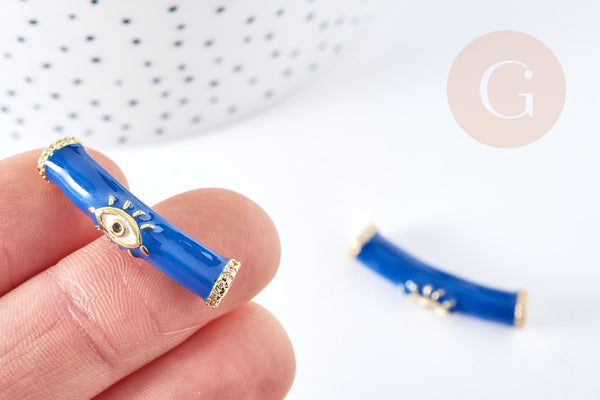Perle tube doré talisman oeil protecteur laiton doré 18K émail bleu 32mm, x1 (G8678)