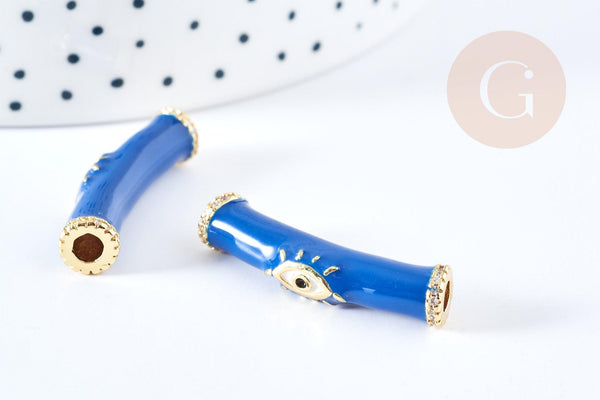 Perle tube doré talisman oeil protecteur laiton doré 18K émail bleu 32mm, x1 (G8678)