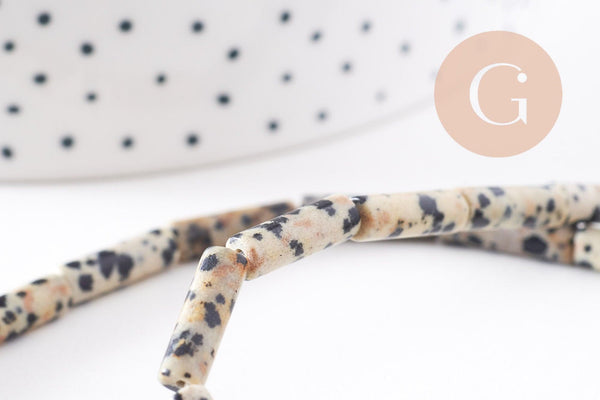 Perle tube jaspe dalmatien naturel 13-14mm,jaspe tacheté naturel,perles pierre, fil de 40.5cm, x1 (G4070)