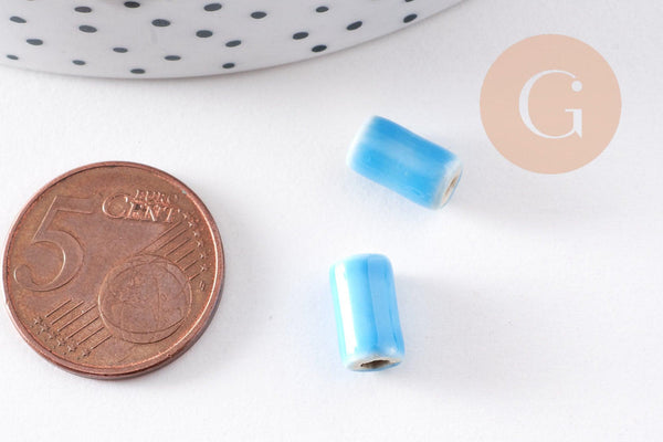 Perle tube porcelaine bleu 10mm, x5 (G2348)