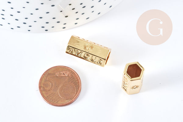 Perle tube talisman message AMOUR doré 21mm, x1 (G7672)