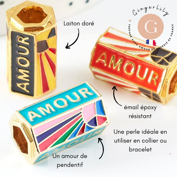 Perle tube talisman message "AMOUR" émail coloré laiton doré 22mm, x1 (G9416)