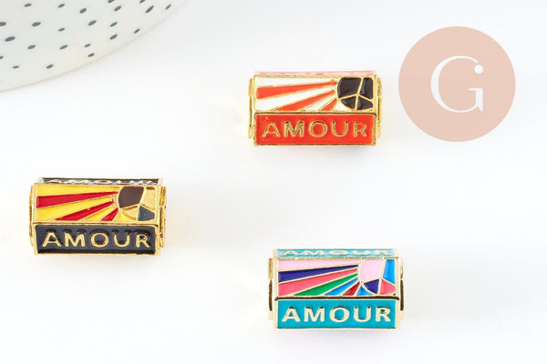Perle tube talisman message "AMOUR" émail coloré laiton doré 22mm, x1 (G9416)