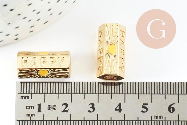 Perle tube talisman message HAPPY coeur jaune doré 21mm, perle dorée bijoux amour, x1 G9432