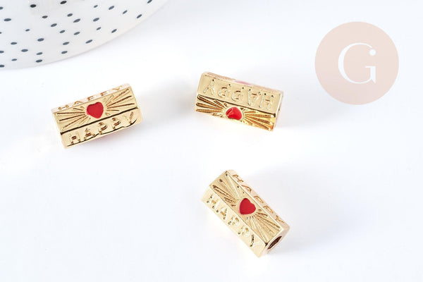 Perle tube talisman message HAPPY doré couleur rouge 21mm, perle dorée bijoux amour, x1 G7671