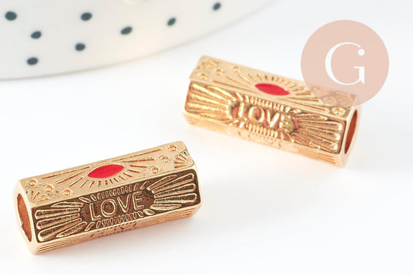 Perle tube talisman message LOVE doré couleur rouge 21mm, perle dorée bijoux amour, x1 G9409