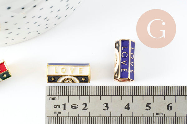 Perle tube talisman message "LOVE" émail coloré laiton doré 21.5 mm, x1 (G9415)