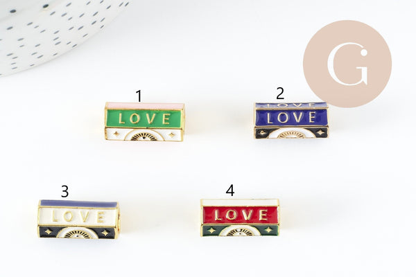 Perle tube talisman message "LOVE" émail coloré laiton doré 21.5 mm, x1 (G9415)