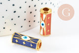 Perle tube talisman oeil protecteur émail coloré laiton doré 22mm, x1 (G9413)