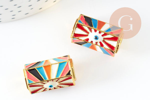 Perle tube talisman oeil protecteur émail multicolore laiton doré 21mm, perle dorée bijoux chance, x1 G9414