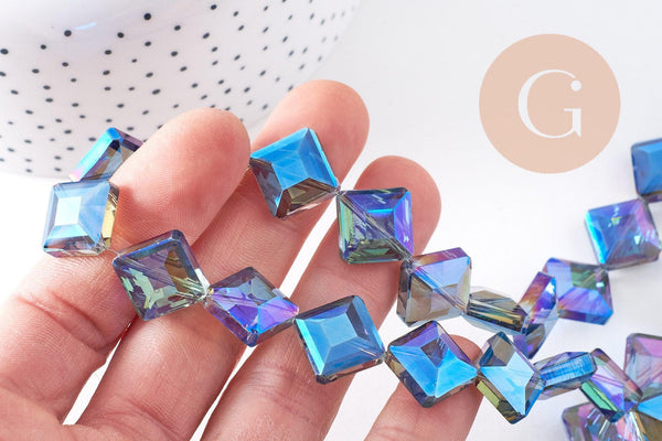 Perle verre losange irisé facetté 17mm, perles carrée, perles verre pour création bijoux,fil de 35 perles, X1 (G6064)