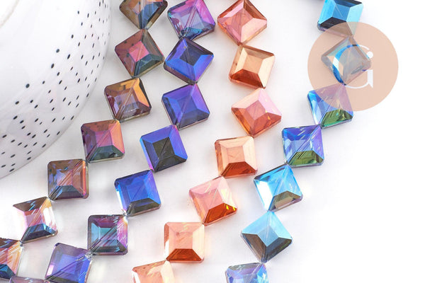 Perle verre losange irisé facetté 17mm, perles carrée, perles verre pour création bijoux,fil de 35 perles, X1 (G6064)