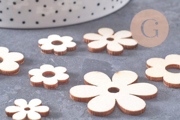 Perles Fleur en bois brut rondes 18-39mm, x10 (G10543)