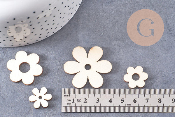 Perles Fleur en bois brut rondes 18-39mm, x10 (G10543)